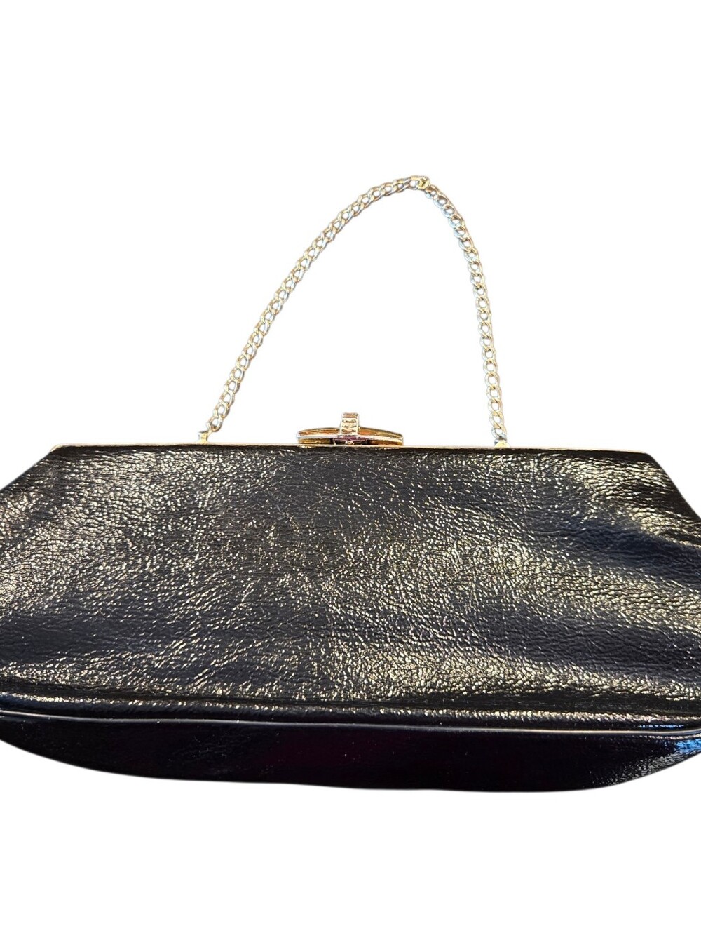 Black Patent Frame-Top Evening Clutch with Gold Chain